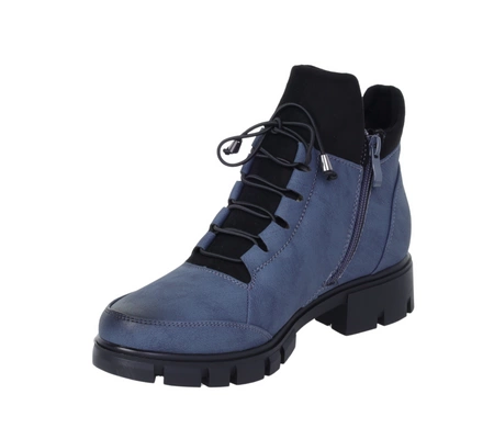 Damskie zimowe traperki płaskie granatowe ocieplane Jezzi