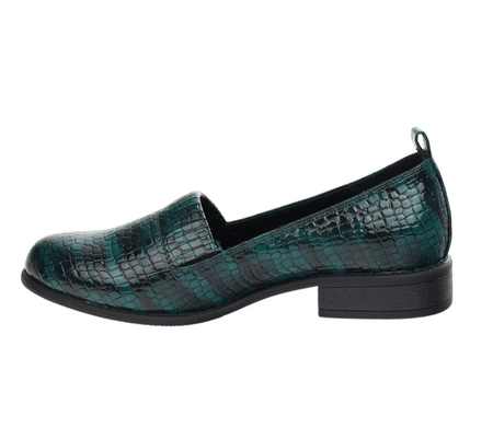 Czółenka damskie płaskie półbuty ciemnozielone lakierowane Jezzi