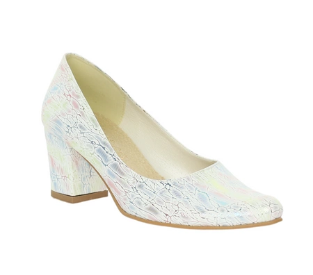 Białe posrebrzane czółenka eleganckie na średnim, szerokim obcasie Polska Marka AZALI