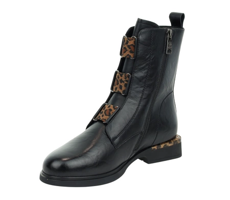 Czarne botki damskie płaskie ze skóry naturalnej z elementami panterki VINCEZA