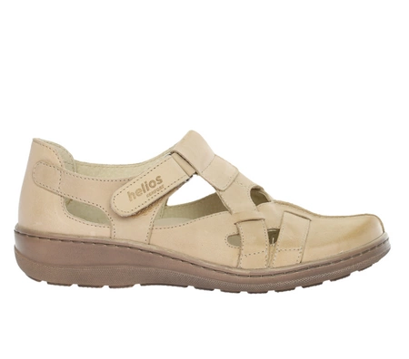 Beżowe czółenka skórzane płaskie komfortowe na rzep Helios
