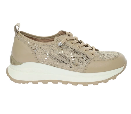 Beżowe adidasy damskie skórzane z koronką i cekinami VINCEZA