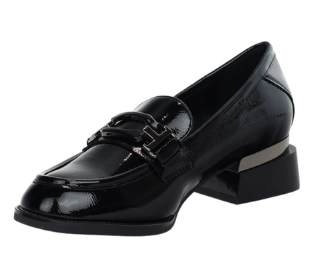 Eleganckie czarne półbuty damskie lakierowane mokasyny garniturowe VINCEZA