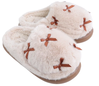 Puszyste kapcie damskie po domu ciepłe futerkowe klapki zabudowane z Kokardkami