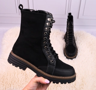 Czarne traperki damskie sznurowane i na zamek buty zimowe Rokowe