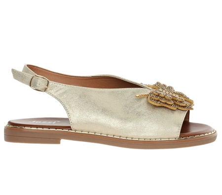 Złote eleganckie sandały płaskie komfortowe na szerokie stopy Jezzi