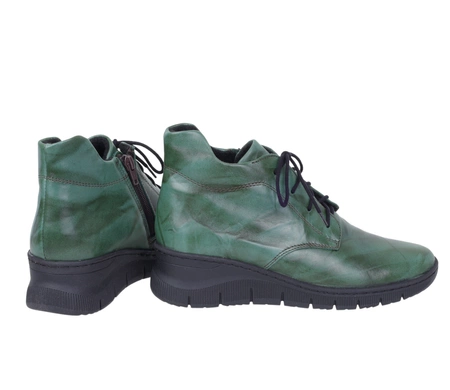 Zielone skórzane buty damskie zimowe komfortowe botki na zamek i sznurowadła Gino Fabiani