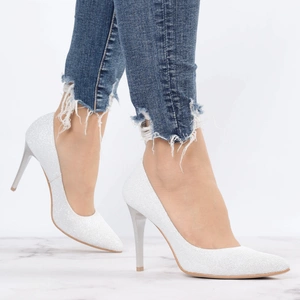 Srebrne połyskujące szpilki ślubne buty na cienkiej wysokiej szpilce Monica - Produkt Polski