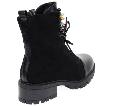 Botki damskie czarne modne traperki płaskie komfortowe Jezzi