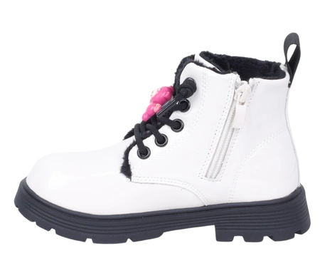 Białe lakierowane botki dziecięce zimowe ocieplane na zamek MissE