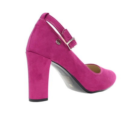 Różowe zamszowe czółenka na słupku z paskiem wokół kostki Azali