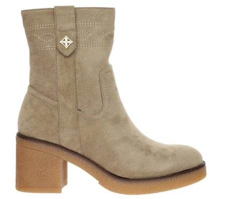 Beżowe botki zimowe na kauczukowej podeszwie i klocku Jezzi