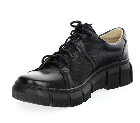 Czarne półbuty skórzane damskie na zamek i sznurowadła Helios 413