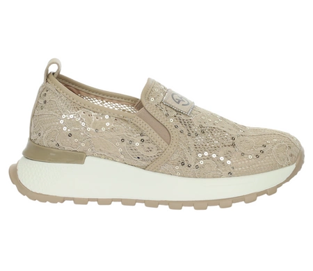 Beżowe eleganckie buty damskie sportowe koronkowe z cekinami VINCEZA