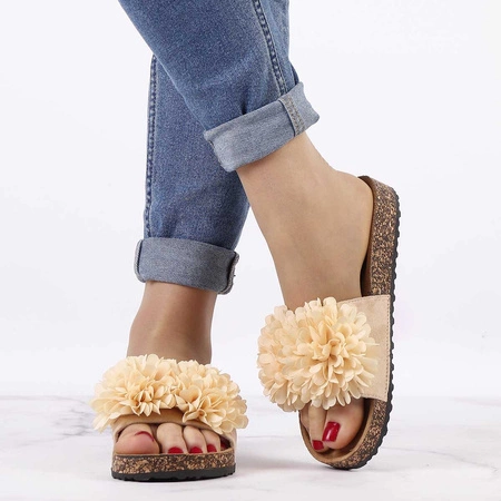 Klapki damskie płaskie korkowe cieliste z kwiatkami Jezzi