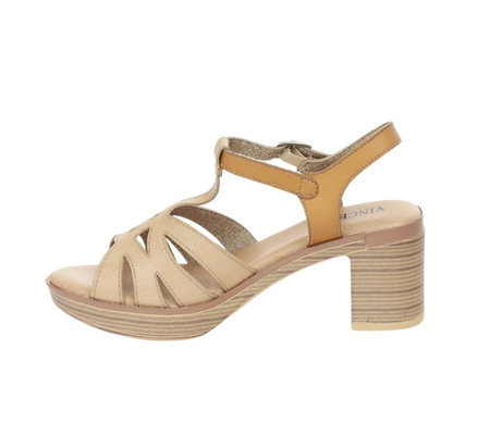 Beżowo-brązowe sandały damskie na obcasie i platformie z paskiem w literę T Vinceza