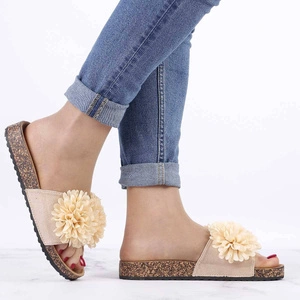 Klapki damskie płaskie korkowe cieliste z kwiatkami Jezzi