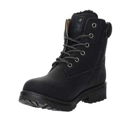 Płaskie czarne buty zimowe na sznurowadła i zamek po boku NEWS