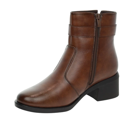 Brązowe botki damskie czekoladowe klasyczne na wygodnym niskim obcasie dobrze ocieplone