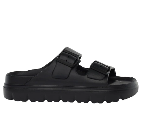 Czarne damskie klapki piankowe na dwóch paskach regulowane NEWS