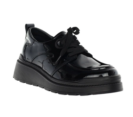 Czarne lakierowane półbuty damskie skórzane sznurowane na platformie Jezzi