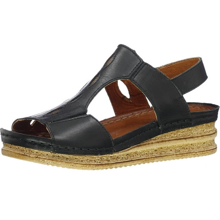 Czarne sandały skórzane damskie na lekkiej koturnie szyte Gino Fabiani - Produkt Polski