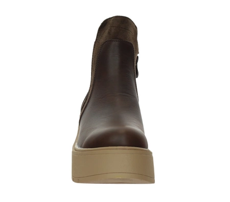 Brązowe botki zimowe czekoladowe na koturnie i platformie ocieplane Jezzi