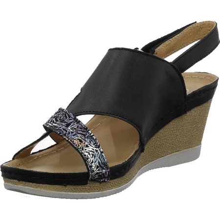 Sandały damskie czarne na koturnie komfortowe i skórzane Helios