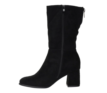 Czarne zamszowe kozaki damskie z szeroką cholewką na średnim obcasie Jezzi
