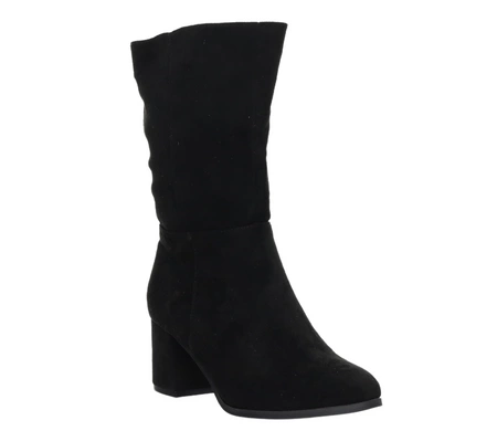 Czarne zamszowe kozaki damskie z szeroką cholewką na średnim obcasie Jezzi