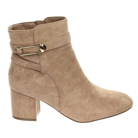 Beżowe zamszowe botki damskie zimowe na obcasie Jezzi
