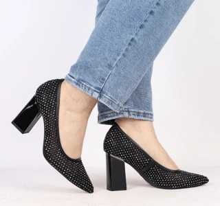 Czarne czółenka na obcasie siateczkowe z kryształkami transparentne VINCEZA