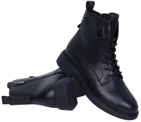 Klasyczne płaskie botki damskie czarne skórzane na zamek i sznurowane Gino Fabiani