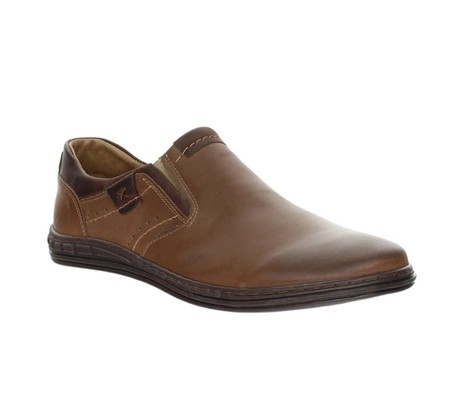 Brązowe skórzane półbuty męskie wsuwane bez szwów na palcach POLBUT