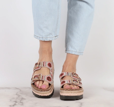 Kolorowe regulowane klapki damskie na platformie korkowej