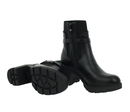 Czarne rokowe botki zimowe na obcasie i platformie ze skóry licowej ekologicznej Jezzi