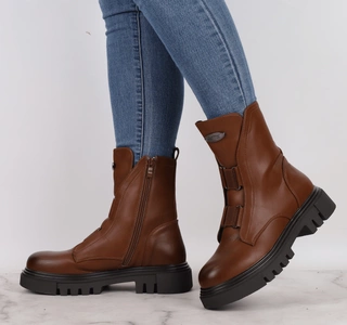 Brązowe czekoladowe botki damskie buty zimowe traperki z eko skóry licowej Jezzi