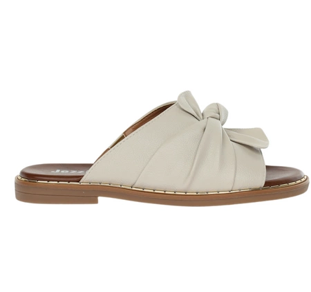 Beżowe eleganckie klapki damskie płaskie z kokardą Jezzi