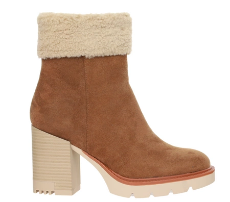 Czekoladowe botki zimowe z kożuszkiem wokół kostki na słupku i platformie Jezzi