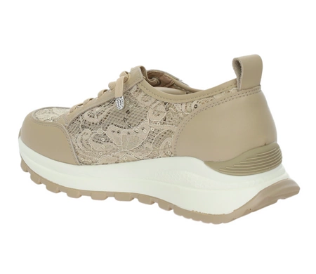Beżowe adidasy damskie skórzane z koronką i cekinami VINCEZA