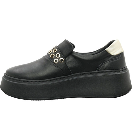 Czarne półbuty damskie skórzane z biżuterią Polska Marka Gino Fabiani