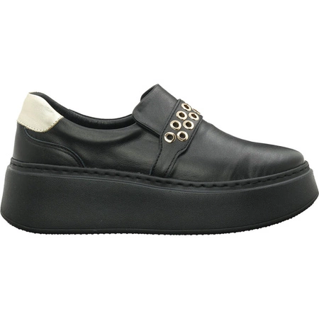 Czarne półbuty damskie skórzane z biżuterią Polska Marka Gino Fabiani