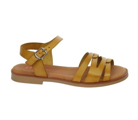 Hiszpańskie płaskie skórzane sandały musztardowe na cienkich paskach El Pimpi