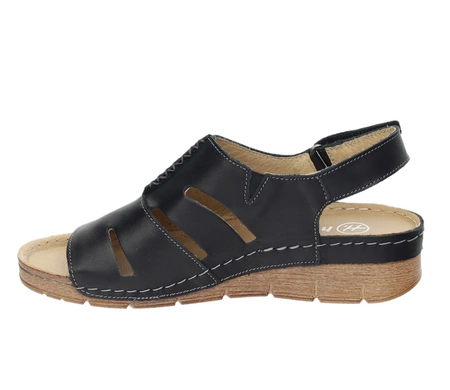 Czarne komfortowe sandały damskie ze skóry naturalnej szyte HELIOS