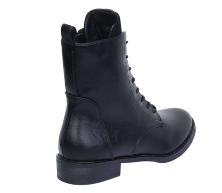 Czarne klasyczne botki damskie ocieplane na zamek i sznurowadła na płaskim obcasie Jezzi