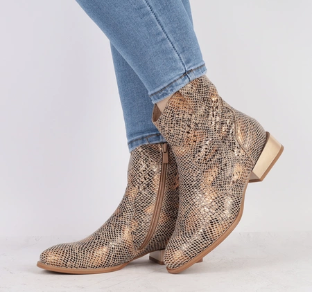 Brązowe botki damskie płaskie wiosenne wężowa skóra Jezzi