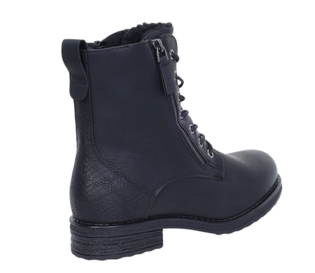 Czarne klasyczne botki damskie ocieplane na zamek i sznurowadła komfortowe Jezzi