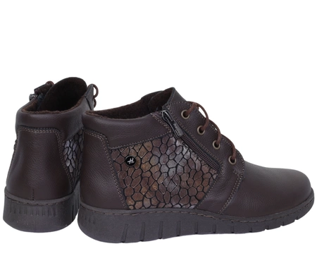 Brązowe czekoladowe botki zimowe damskie skórzane na szerokie stopy HELIOS