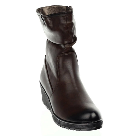 Brązowe czekoladowe botki zimowe komfortowe na koturnie Jezzi