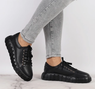 Modne adidasy damskie czarne skórzane na platformie Jezzi